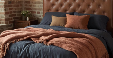 An inviting urban fall bedroom featuring a tufted brown leather headboard, dark blue bedding, and a burnt orange chunky knit throw blanket. Exposed brick walls, a vintage trunk, and a wall sconce complete this cozy industrial bedroom aesthetic.