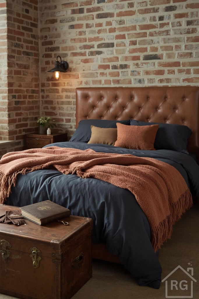An inviting urban fall bedroom featuring a tufted brown leather headboard, dark blue bedding, and a burnt orange chunky knit throw blanket. Exposed brick walls, a vintage trunk, and a wall sconce complete this cozy industrial bedroom aesthetic.