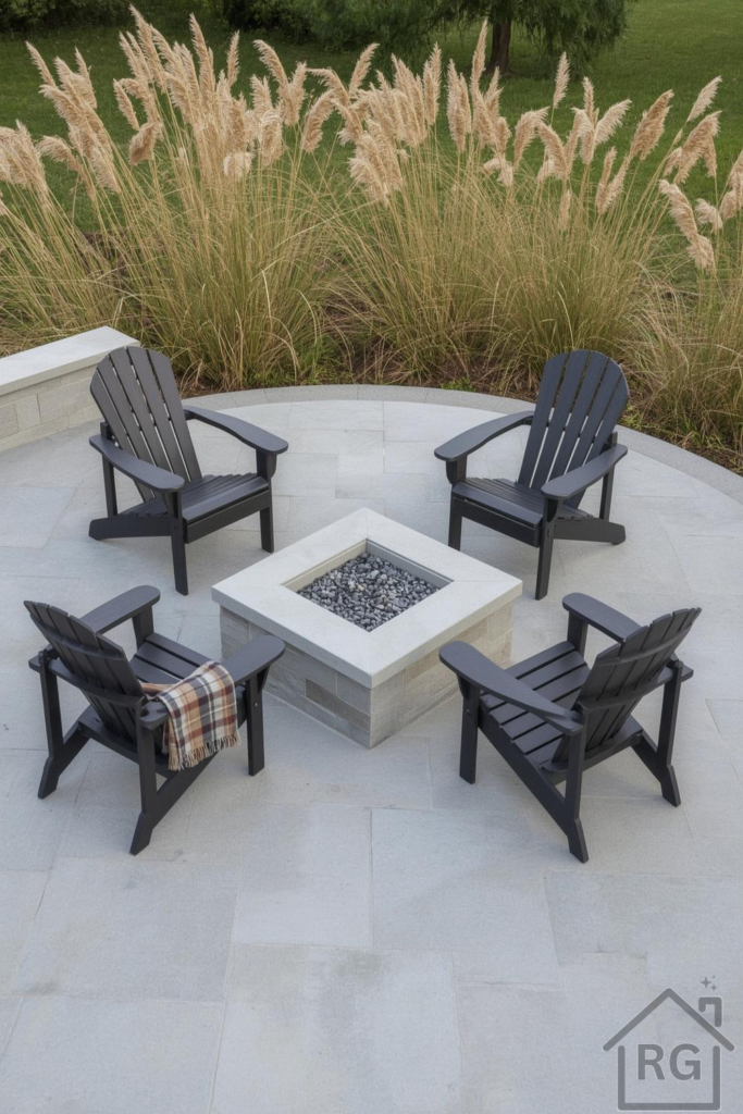 An aerial view of a modern outdoor patio featuring a square built-in fire pit surrounded by four dark gray Adirondack chairs. Behind the patio, tall pampas grass creates a natural backdrop, complementing the light gray stone pavers.
