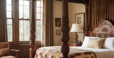 A cozy craftsman bedroom featuring a grand carved wooden four-poster bed with a colorful quilt, an upholstered bench, and a patterned area rug. Large windows with drapes allow natural light into this warm and inviting bedroom space.