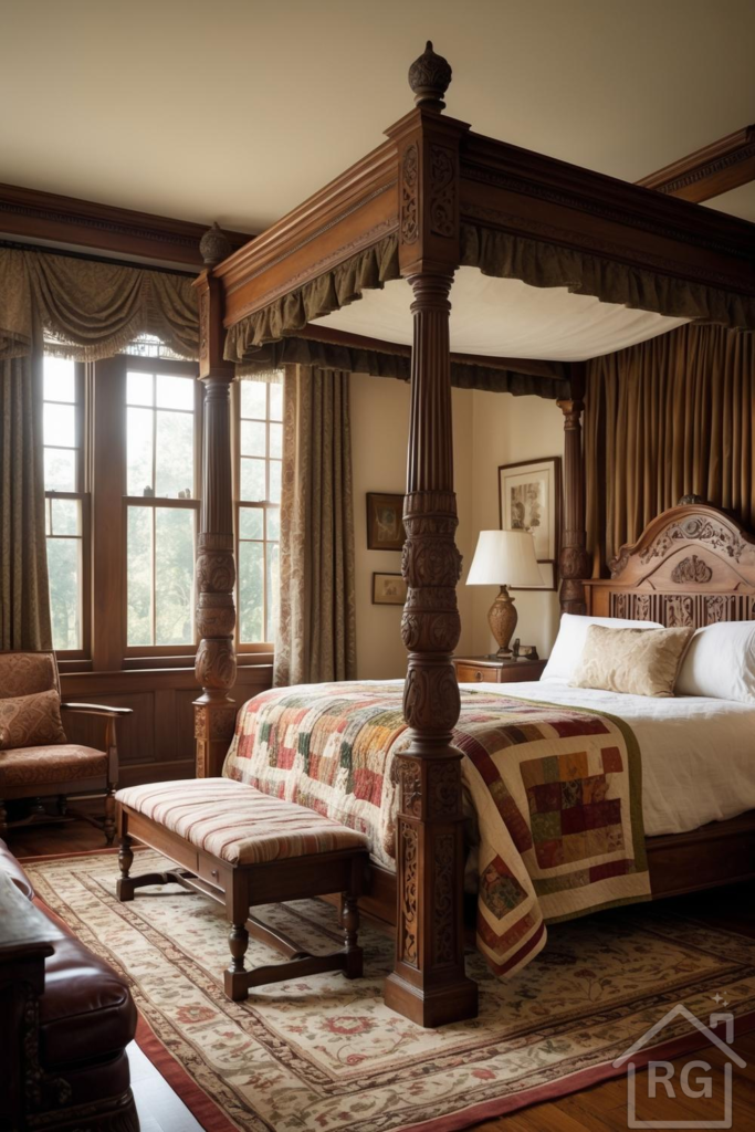A cozy craftsman bedroom featuring a grand carved wooden four-poster bed with a colorful quilt, an upholstered bench, and a patterned area rug. Large windows with drapes allow natural light into this warm and inviting bedroom space.