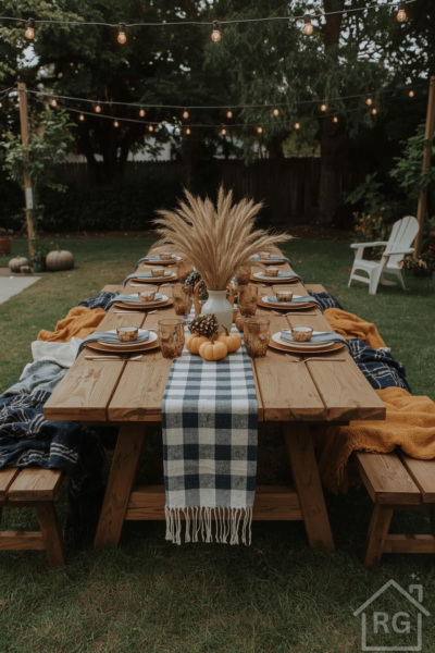 A long wooden picnic table set for a fall outdoor dinner party, adorned with a blue plaid runner, pampas grass, mini pumpkins, and amber glasses. String lights are strung overhead, and cozy blankets are draped over the benches in a lush green backyard.