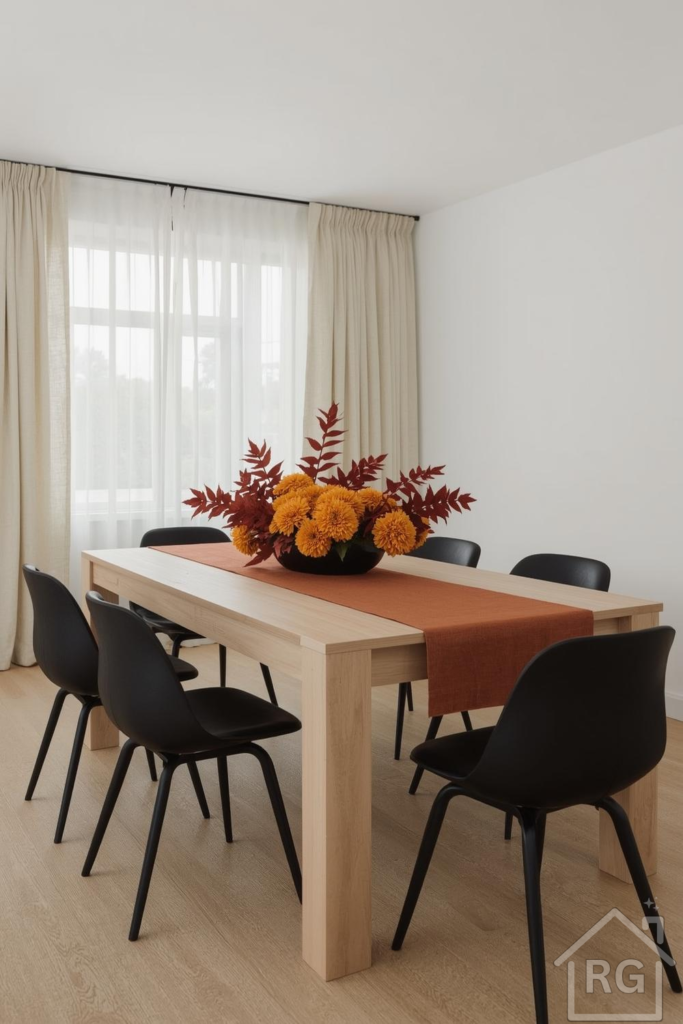 A minimalist dining room featuring a light wood table, sleek black chairs, and light beige curtains. The table is adorned with a burnt orange runner and a vibrant fall centerpiece of orange flowers and reddish-brown leaves, creating a cozy and inviting atmosphere.