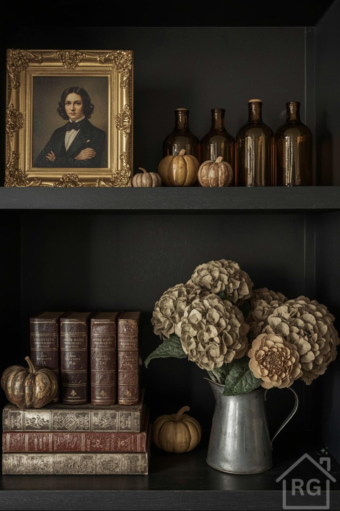 A dark, moody bookshelf styled with a fall aesthetic. The shelves feature a gold-framed portrait, amber glass bottles, decorative pumpkins, vintage leather-bound books, and dried hydrangeas in a metal pitcher, creating a rich and inviting vignette.
