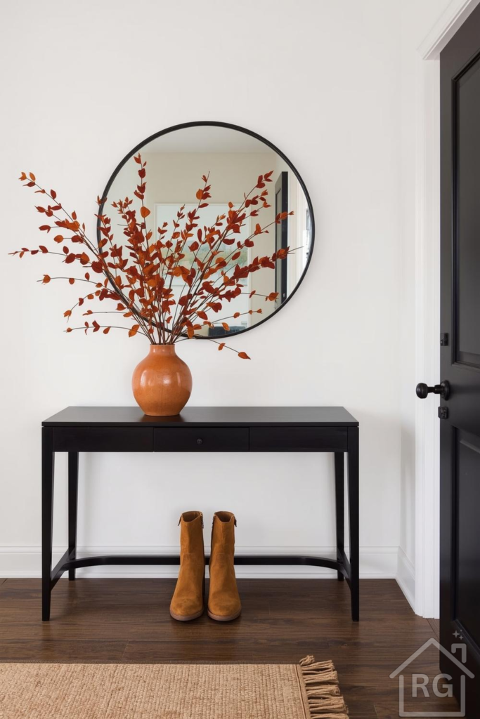 A modern and elegant entrance foyer styled with fall decor. A black console table holds a terracotta vase with rust-colored fall foliage, beneath a large round black-framed mirror, next to a black door. A natural fiber rug and brown boots complete the inviting scene.