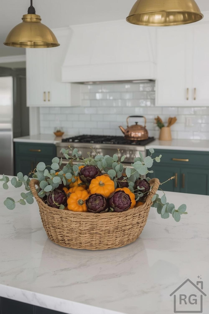 A modern farmhouse kitchen featuring white upper cabinets, deep green lower cabinets, and a white subway tile backsplash. A large woven basket filled with vibrant orange mini pumpkins, deep purple artichokes, and muted green eucalyptus branches sits on a white marble-look island, adding a touch of inviting fall decor.