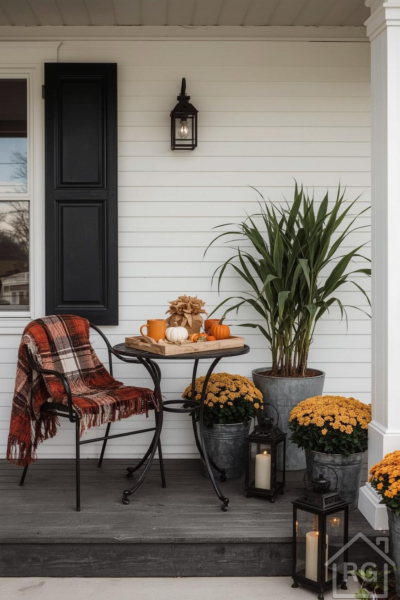 A cozy front porch decorated for fall, featuring a black wrought iron bistro set with a plaid blanket, galvanized planters filled with yellow mums, and festive pumpkins on a wooden tray. Black lanterns with candles illuminate the scene against white siding and a dark grey porch floor.