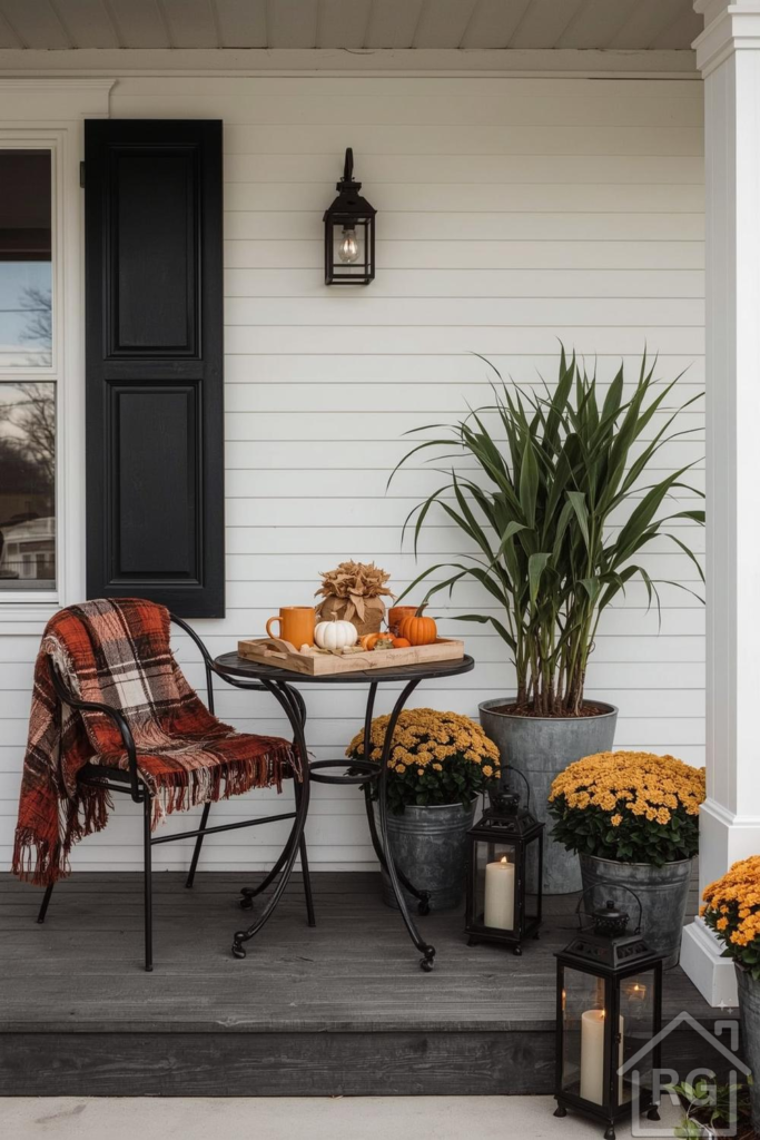 A cozy front porch decorated for fall, featuring a black wrought iron bistro set with a plaid blanket, galvanized planters filled with yellow mums, and festive pumpkins on a wooden tray. Black lanterns with candles illuminate the scene against white siding and a dark grey porch floor.
