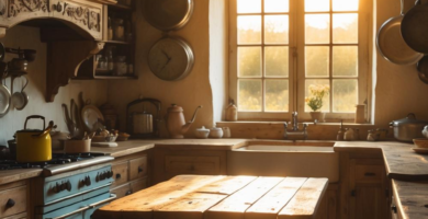 A warm, sunlit earthy cottage kitchen featuring natural wood cabinets, a central wooden island, and a distinctive teal range cooker. The space exudes rustic charm with exposed beams, a farmhouse sink, and vintage decor, creating an inviting and cozy atmosphere.