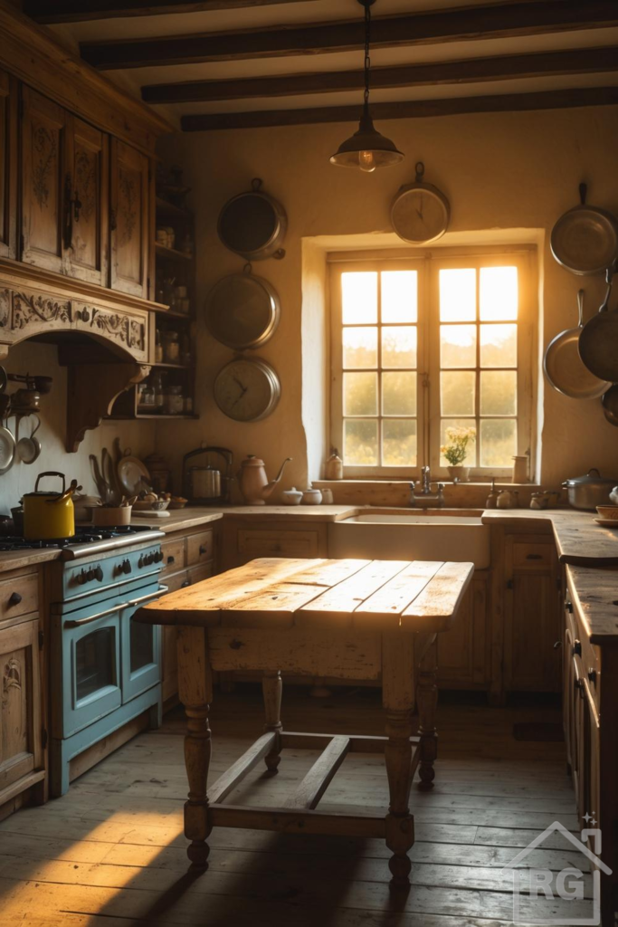 A warm, sunlit earthy cottage kitchen featuring natural wood cabinets, a central wooden island, and a distinctive teal range cooker. The space exudes rustic charm with exposed beams, a farmhouse sink, and vintage decor, creating an inviting and cozy atmosphere.
