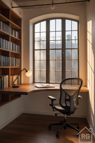 A well-lit urban loft home office featuring a built-in wooden desk and bookshelf next to a large industrial-style window. An ergonomic office chair and a modern desk lamp complete this inviting and productive workspace.