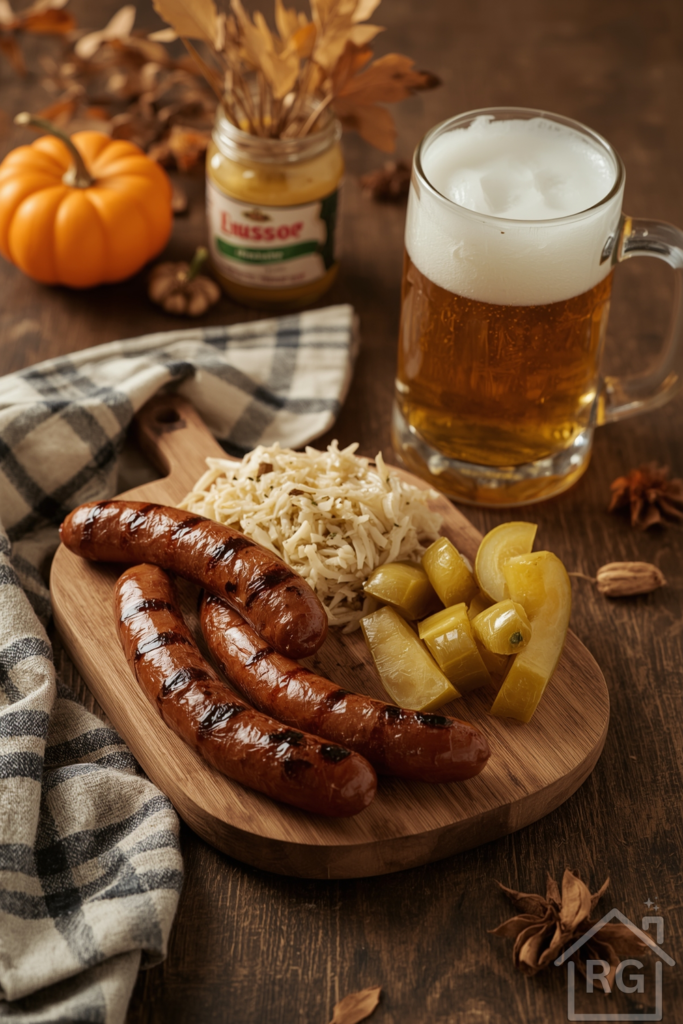 A close-up shot of grilled bratwurst sausages served on a wooden board with a side of sauerkraut and pickles. A frothy beer stein stands in the background. Rustic table styling with a soft plaid napkin, German mustard in a jar, and fall-themed garnishes.