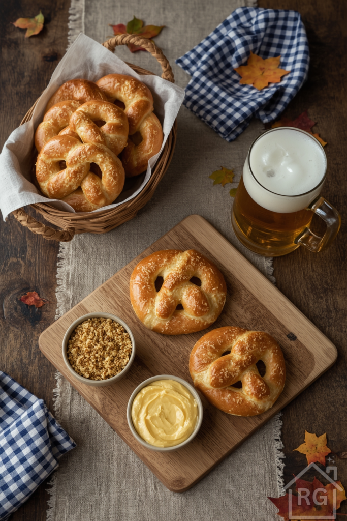 A rustic tabletop styled for Oktoberfest with warm, golden soft pretzels stacked in a basket and arranged on a wooden board. Small ceramic bowls hold coarse-grain mustard and creamy beer cheese dip. A full beer stein with a foamy head sits nearby. Blue-and-white checkered napkins, a few autumn leaves, and a linen runner add seasonal decor.