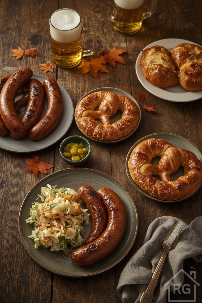 A rustic wood table set with authentic Oktoberfest foods: bratwurst with sauerkraut, warm soft pretzels with mustard, German potato salad, and pickles. A couple of beer steins are visible in the background. Fall decorations include a few scattered leaves and a linen napkin.