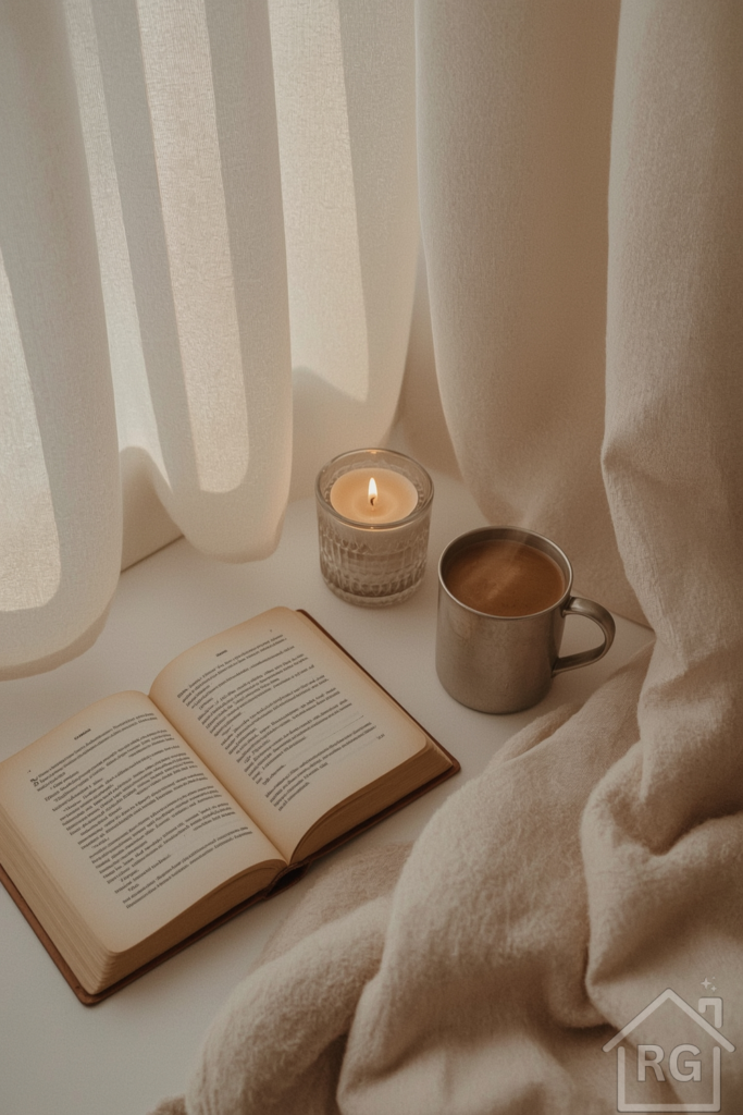 A close-up of a cozy windowsill reading setup, featuring a vintage leather-bound book with yellowed pages, lying open to reveal a page with elegant font, alongside a steaming mug of coffee with a delicate handle, a flickering candle in a mercury glass holder, and a plush folded throw blanket in a soft pastel shade