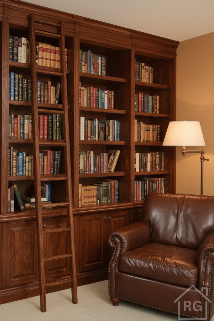 A floor-to-ceiling built-in bookshelf wall made of rich, dark wood tones such as mahogany or walnut, with a rolling library ladder constructed from the same dark wood, featuring sleek metallic hardware, stands against a warm, neutral-colored wall, accompanied by a cozy, oversized armchair with plush cushions in a deep, earthy brown leather, tucked to the side, and a bronze reading light with a soft, cream-colored shade.