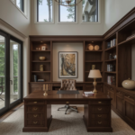 A luxurious home office in a bonus room with high ceilings, large windows, and custom built-in shelving. The space features a dark walnut desk, tufted leather desk chair, integrated lighting, and subtle gold accents. Clean, sophisticated styling with ambient natural light.