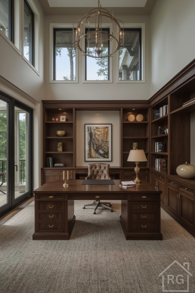 A luxurious home office in a bonus room with high ceilings, large windows, and custom built-in shelving. The space features a dark walnut desk, tufted leather desk chair, integrated lighting, and subtle gold accents. Clean, sophisticated styling with ambient natural light.