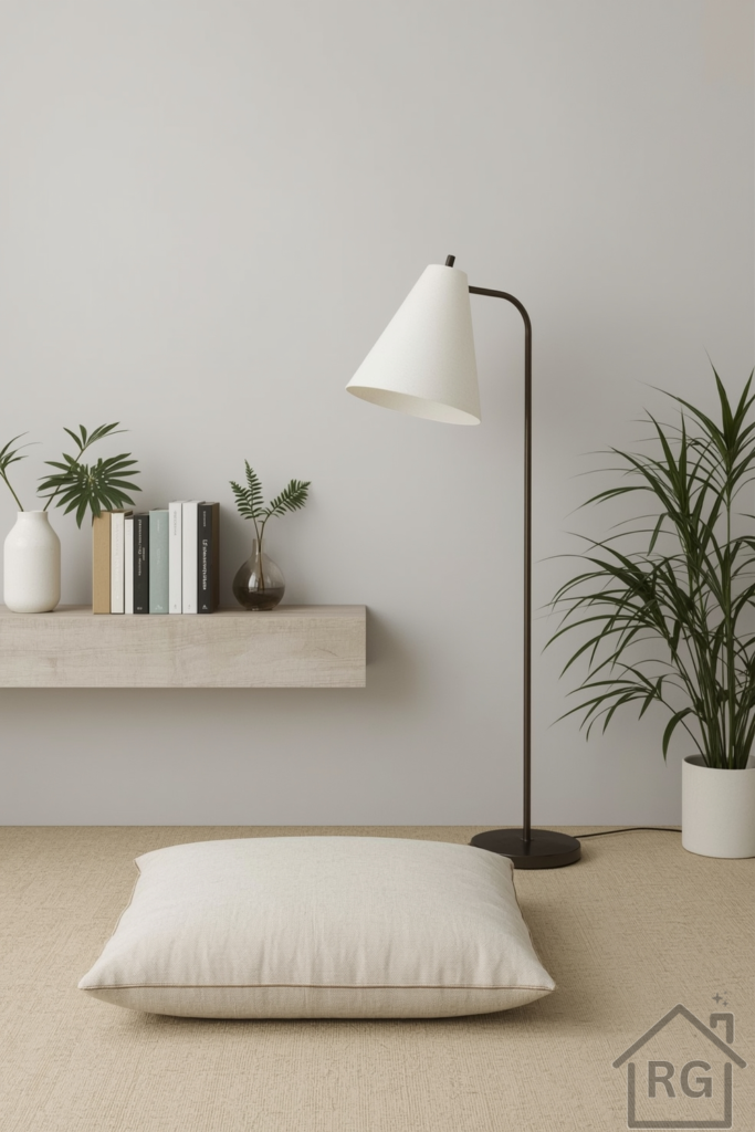 A serene Zen-style floor reading space featuring a neutral beige tatami mat, a low-profile cushion seat with a subtle texture, and a single sleek floor lamp with a slim metallic stem and a soft white linen shade. A small minimalist wooden shelf with a few carefully curated books with simple covers in muted colors, placed against a calming light gray wall. The room is filled with clean lines, minimal ornamentation, and calm tones.