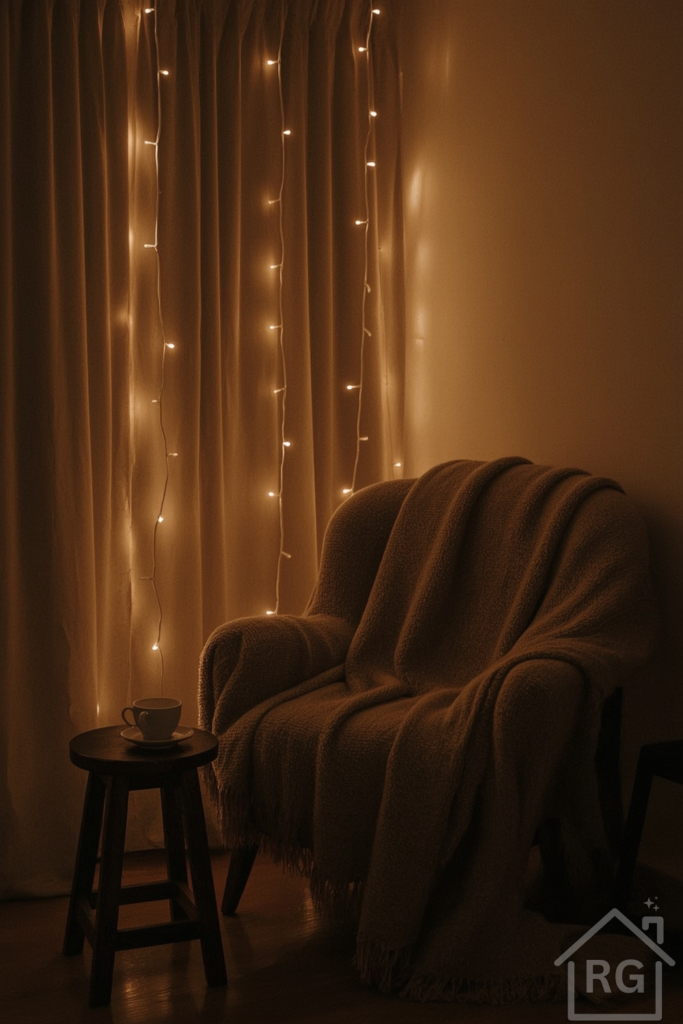 A serene evening reading nook with a dimly lit corner, soft string lights suspended above, a steaming cup of tea placed on a small wooden stool beside a plush, blanket-draped armchair, evoking a sense of peaceful solitude and nighttime calm, as the warm glow of the lights dances across the surrounding space, casting a comforting ambiance.