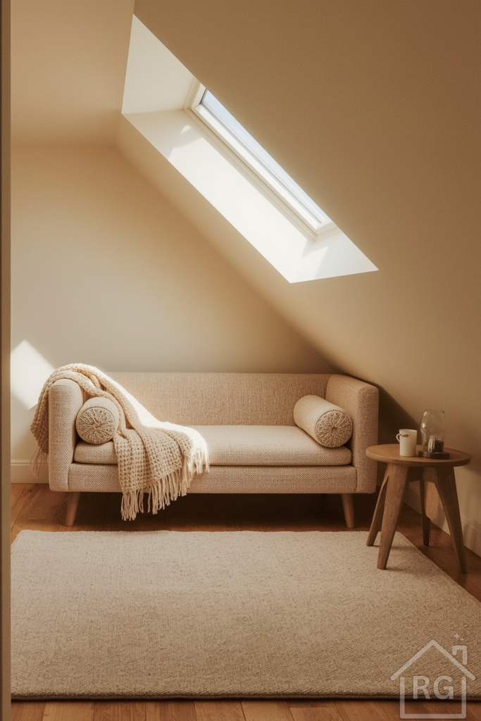 A serene sloped attic nook features a plush daybed with a chunky knit blanket in a warm beige hue, situated beneath a large skylight that pours in abundant natural light, illuminating the space with a soft glow. A soft, cream-colored rug with a subtle texture covers the floor, adding warmth and coziness to the area. A small, rustic side table with a delicate teacup and a mercury glass candle holder sits beside the daybed, exuding a sense of inviting tranquility.