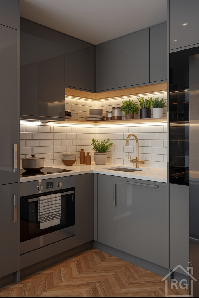 High-gloss gray L-shaped modular kitchen with floating wood shelves and under-cabinet LED lighting in a compact apartment setting.