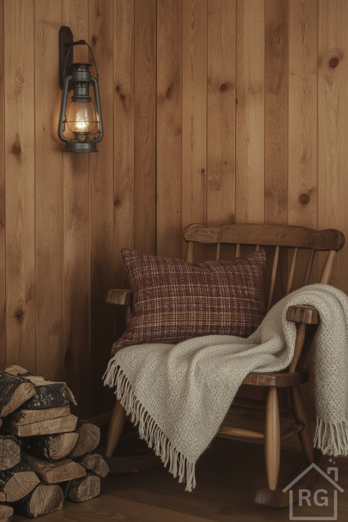 A warm and inviting wood-paneled corner with plush flannel cushions in earthy tones, a vintage metal lantern with a soft glow, and a worn wooden rocking chair with a gentle curve, all exuding cozy rustic cabin vibes, as stacked firewood with rough-hewn logs lies nearby and a thick wool blanket in a natural color is draped casually over the seat of the chair, with the warm grain of the wood paneling and the soft texture of the cushions and blanket.