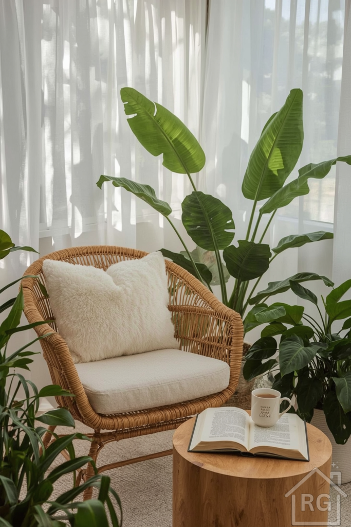 Airy sunroom reading area with a plush cushioned wicker armchair, surrounded by an assortment of lush green indoor plants with varying textures and sizes, white sheer curtains gently blowing in the breeze, and a natural wood side table with a warm wood grain finish, holding a delicate china cup of steaming tea and an open book with yellowed pages and a worn leather cover, set against a soft, serene background.