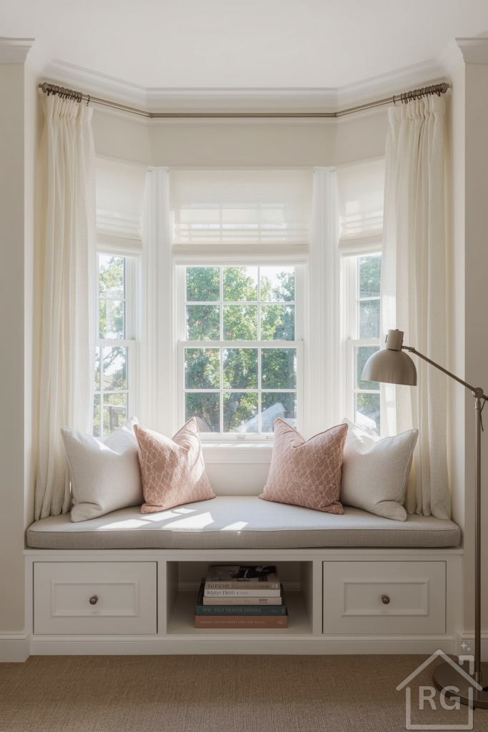 Bay window alcove with custom built-in bench seating, overstuffed pillows in soft pastels, gauzy curtains pulled to the side. A small shelf of books below the bench and a floor lamp nearby. Soft natural light streaming in.