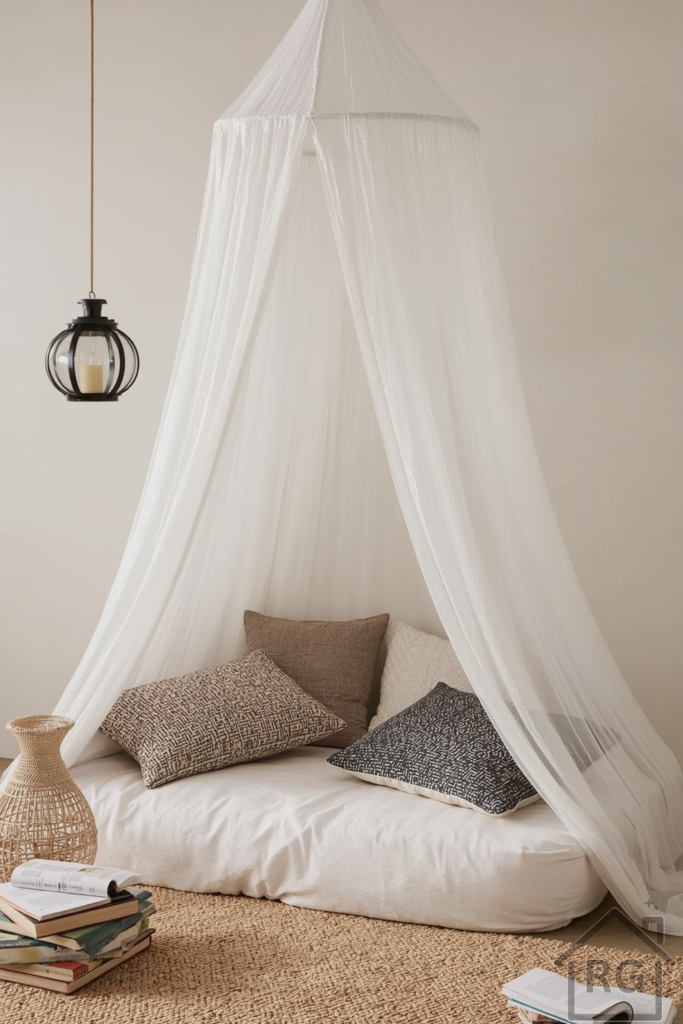 Bohemian-inspired corner of a room with a sheer white canopy draped from the ceiling, surrounding a cushioned floor mattress layered with textured pillows and a soft rug. Hanging lantern and paperbacks scattered nearby.