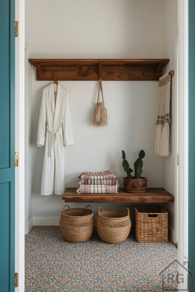 Boho-inspired mudroom with vibrant Moroccan-style patterned tile floor, an open hanging rail with a draped linen robe, rustic wood shelf with folded textiles and potted cactus. A pair of rattan baskets on the floor and a fringed wall hanging complete the look.