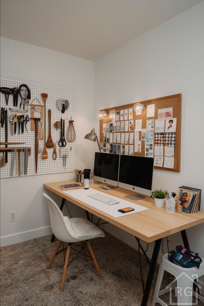 Bonus room converted into a creative studio workspace. Pegboard wall with tools and materials, moodboard area with pinned fabric swatches, and flexible lighting. Desk with dual monitors and plenty of open table space. Organized yet playful, ideal for artists or designers