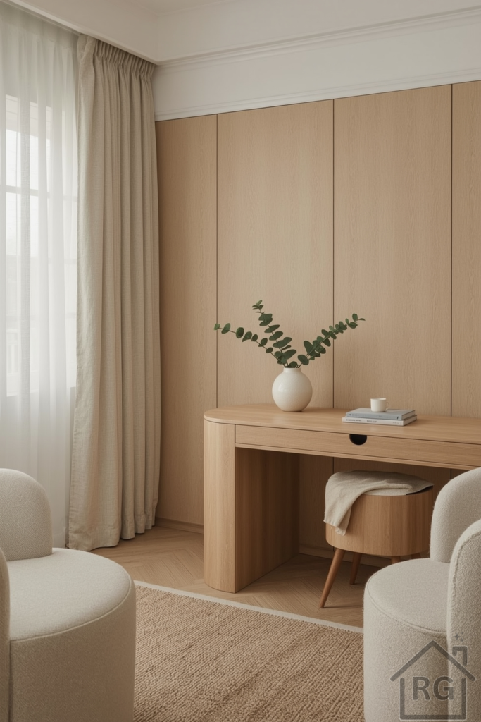 Bonus room home office designed with spa-like calm. Pale wood tones, linen curtains, soft lighting, and a ceramic diffuser on the desk. Rounded edges on furniture and a soft wool rug underfoot. A single eucalyptus stem in a glass vase adds a fresh, serene vibe.