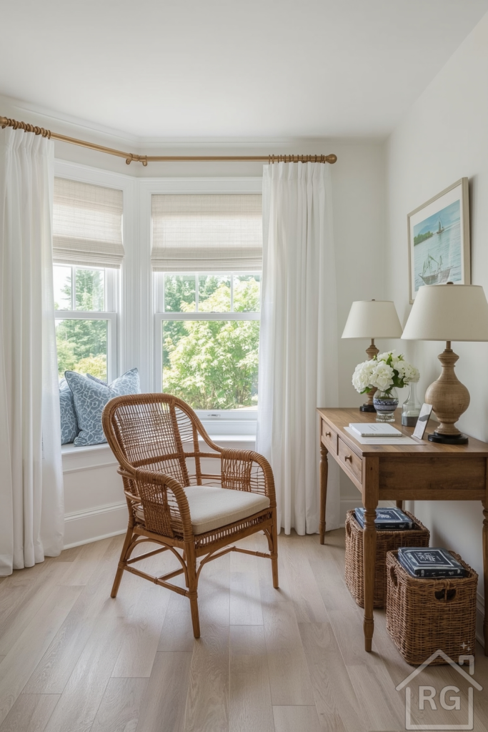 Bonus room home office with a bay window alcove, white walls, and coastal-inspired decor. Rattan desk chair, driftwood desk, airy curtains, and nautical touches like a glass buoy and woven baskets. Light wood floors and ocean-blue accents create a relaxed, breezy feel.