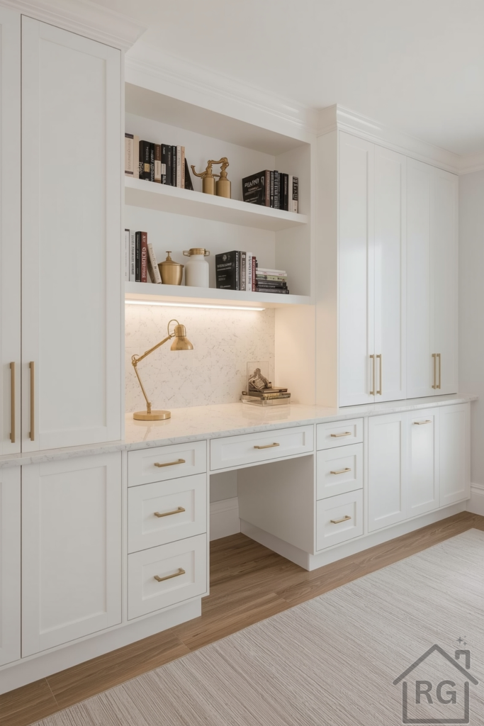 Bonus room home office with full wall of white built-in cabinetry, open shelving, and hidden storage. Sleek quartz desktop built into the cabinetry. Soft brass hardware, modern table lamp, and wood floor with neutral area rug. Stylish and highly functional workspace.