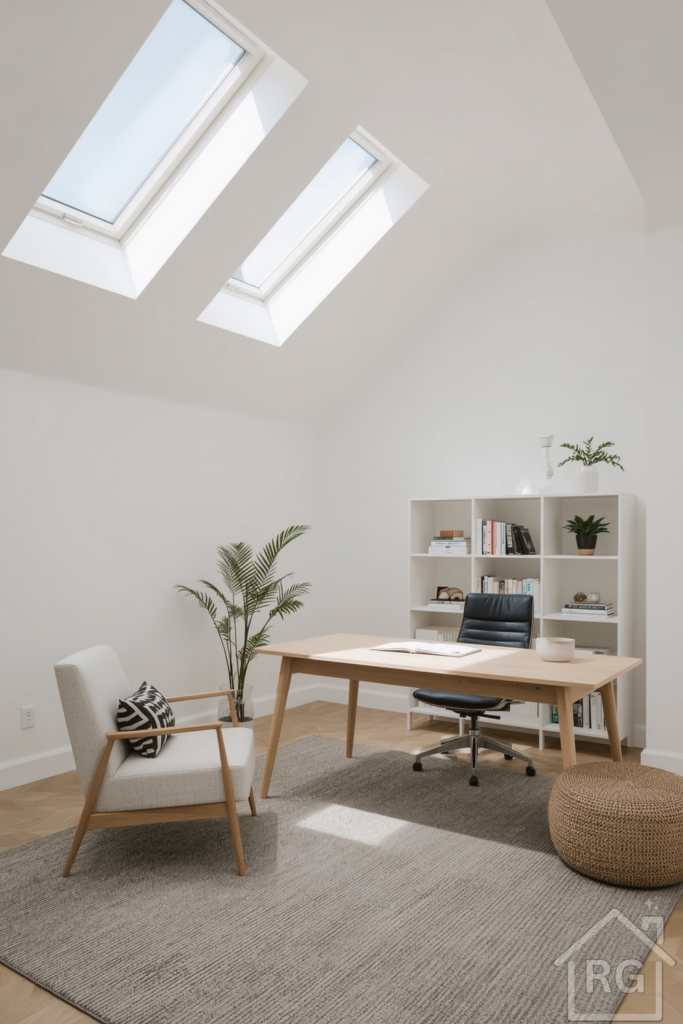 Bonus room home office with vaulted ceiling and skylights, flooding the space with natural light. Pale wood desk, Scandinavian armchair, white walls, and a soft gray rug. Minimal decor with a touch of greenery and curated design books. Clean, airy, and serene.