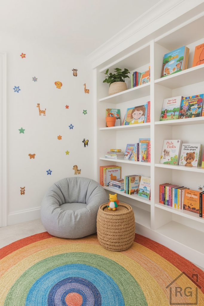 Bright and playful children’s reading nook with a soft beanbag, rainbow-colored rug, and shelves filled with books at kid-height. Wall decals or artwork of animals or storybook characters. Cheerful and inviting.