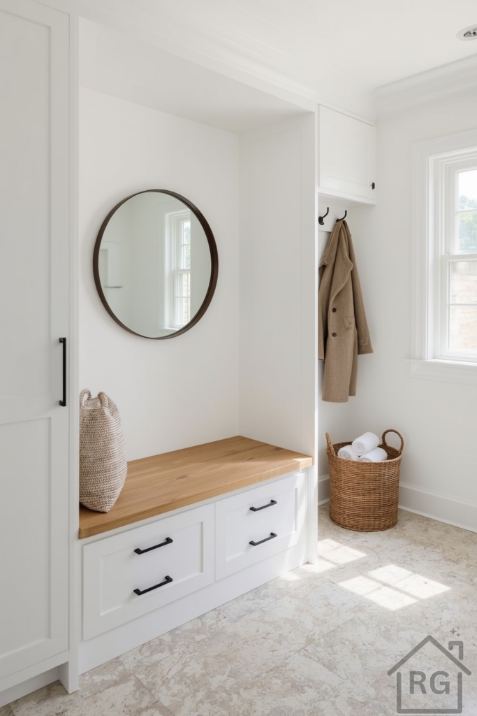Bright, modern mudroom-closet combo with custom built-in cabinetry in a warm white, natural wood bench, matte black hooks, and a large round mirror above the bench. Clean tile flooring in neutral tones, a woven basket with rolled towels, and a hanging coat.