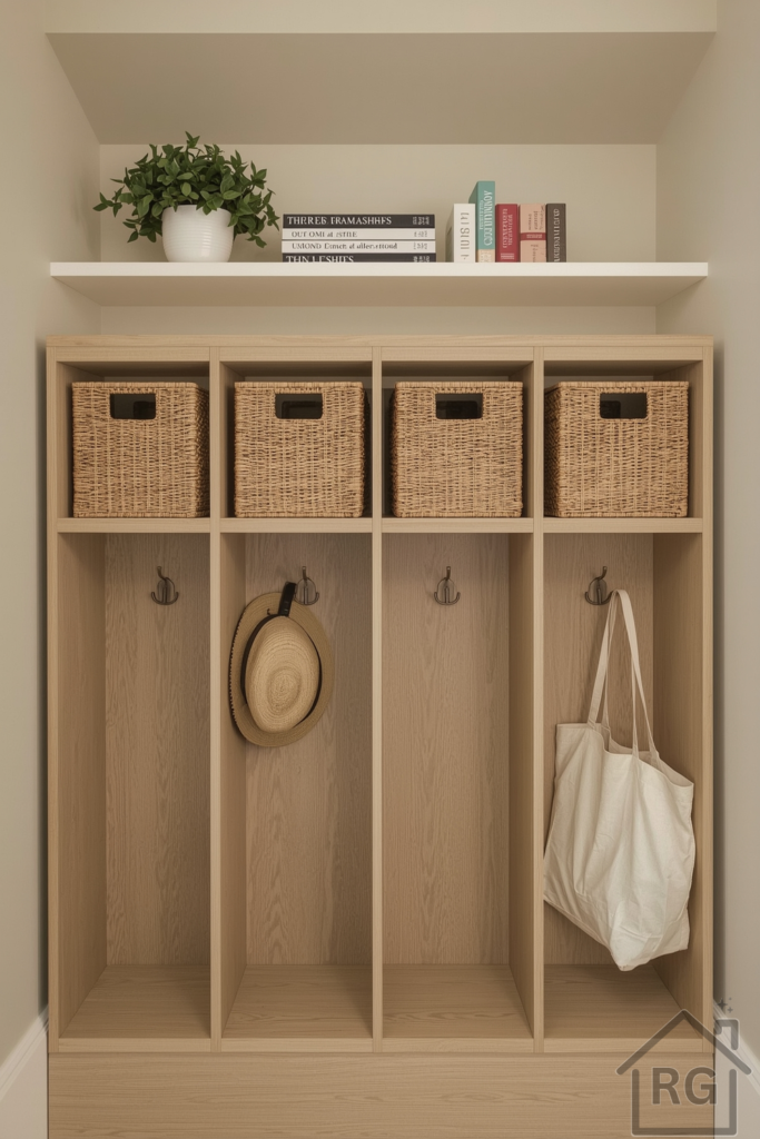 Budget-friendly mudroom nook with four open wooden cubbies filled with labeled woven baskets, floating shelf above with books and a small potted plant. Hooks mounted under the shelf holding a sun hat and a canvas bag. Clean, painted wall in pale taupe.