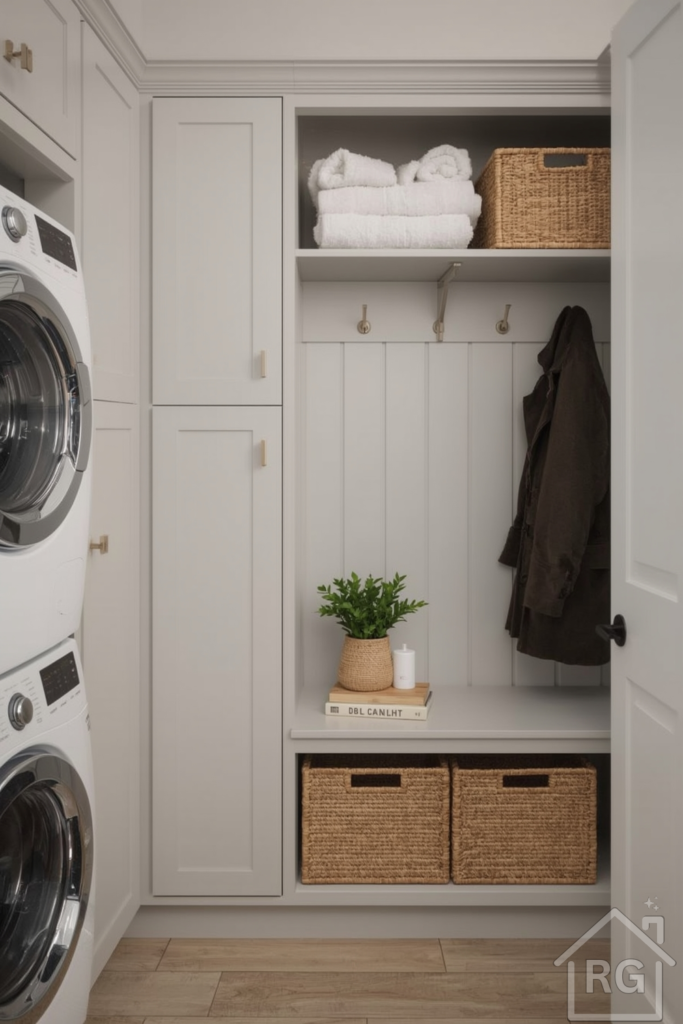 Combination laundry-mudroom with soft grey cabinets, washer and dryer on one side, mudroom bench and hanging space on the other. Folded towels on shelves, woven laundry bins below, and a coat hanging beside a small houseplant.