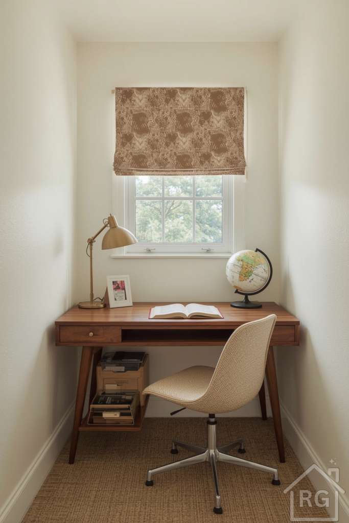 Compact mid-century modern home office in a small bonus room. Features a walnut desk, Eames-style chair, vintage desk lamp, and a patterned curtain on a single window. Minimal decor with thoughtful touches like a globe and open book. Warm light, cozy and personal atmosphere.