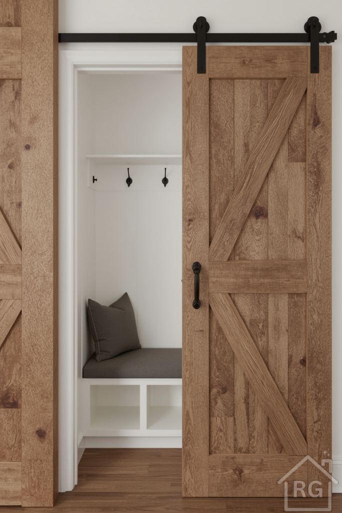 Compact mudroom closet hidden behind a reclaimed wood sliding barn door. Inside: white-painted interior with three coat hooks, a narrow bench with a grey cushion, and a single umbrella stand. The barn door is partially open, revealing a tidy, functional nook.