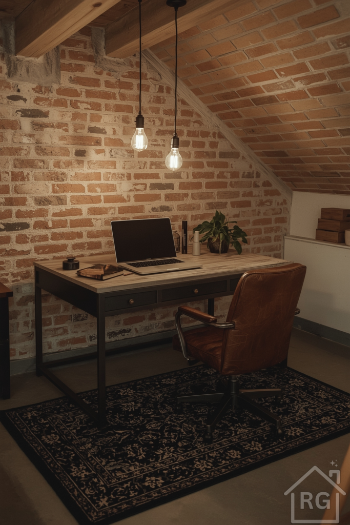 Converted attic bonus room with industrial home office style. Exposed brick wall, metal-framed desk, Edison bulb pendant lighting, and leather task chair. Concrete floors softened by a dark patterned rug. Warm, moody lighting and vintage accents.
