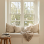 Cozy reading nook with a built-in bench under a large sunny window, layered with plush cushions and a chunky knit throw. Soft warm lighting, a stack of books on a nearby stool, and light-toned hardwood floors. Neutral and calming palette.