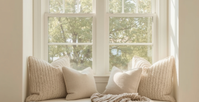Cozy reading nook with a built-in bench under a large sunny window, layered with plush cushions and a chunky knit throw. Soft warm lighting, a stack of books on a nearby stool, and light-toned hardwood floors. Neutral and calming palette.
