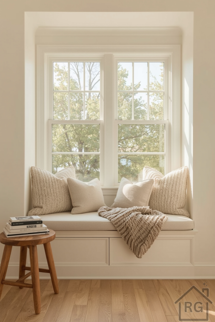 Cozy reading nook with a built-in bench under a large sunny window, layered with plush cushions and a chunky knit throw. Soft warm lighting, a stack of books on a nearby stool, and light-toned hardwood floors. Neutral and calming palette.
