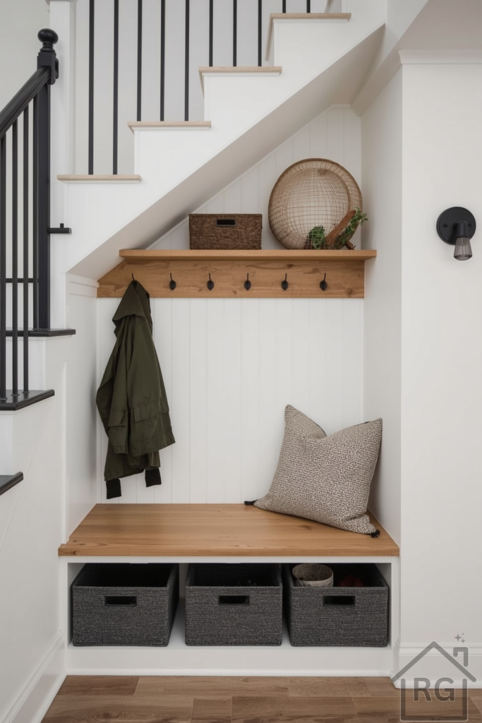 Creative mudroom built under a staircase: floating wood bench, matte black coat hooks, white shiplap walls, and small storage bins tucked to the side. A cozy pillow on the bench and a small wall sconce for accent lighting.