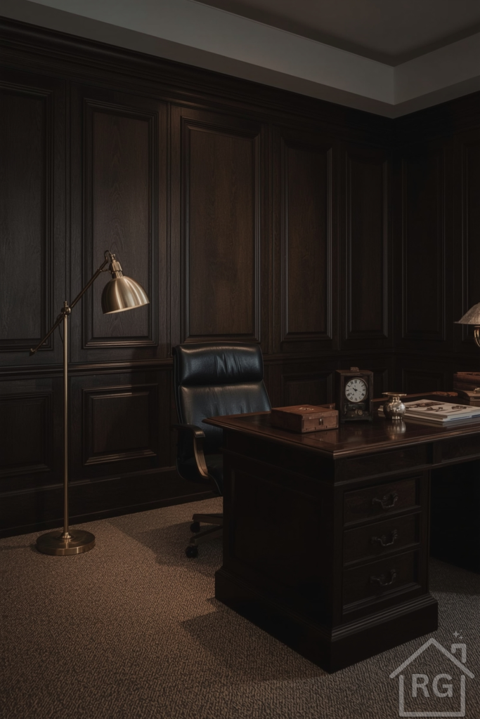 Dark-toned bonus room office with rich wood-paneled walls, black leather chair, and brass floor lamp. A large executive desk anchors the space, accented with a vintage clock and cigar box. Dim, sophisticated lighting and a moody atmosphere.