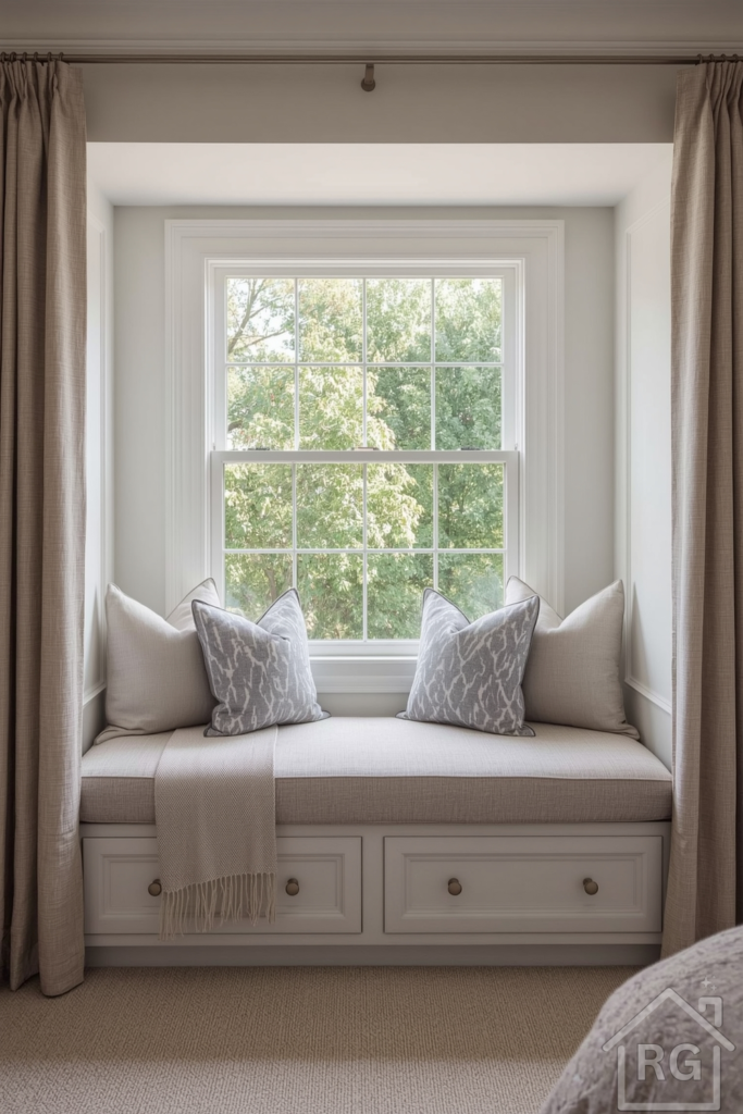 Elegant bedroom reading nook built into a window frame. Upholstered window seat in muted tones, accent pillows, a throw blanket, and discreet under-bench storage drawers. Delicate curtains frame the view.