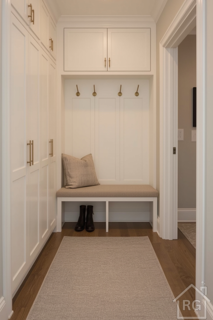 Elegant mudroom space featuring tall white shaker-style cabinets with brass hardware, a central bench nook with hooks above, soft striped cushion on the bench, and warm lighting. A small runner rug in muted grey and ivory tones grounds the space. One pair of leather boots neatly placed under the bench.
